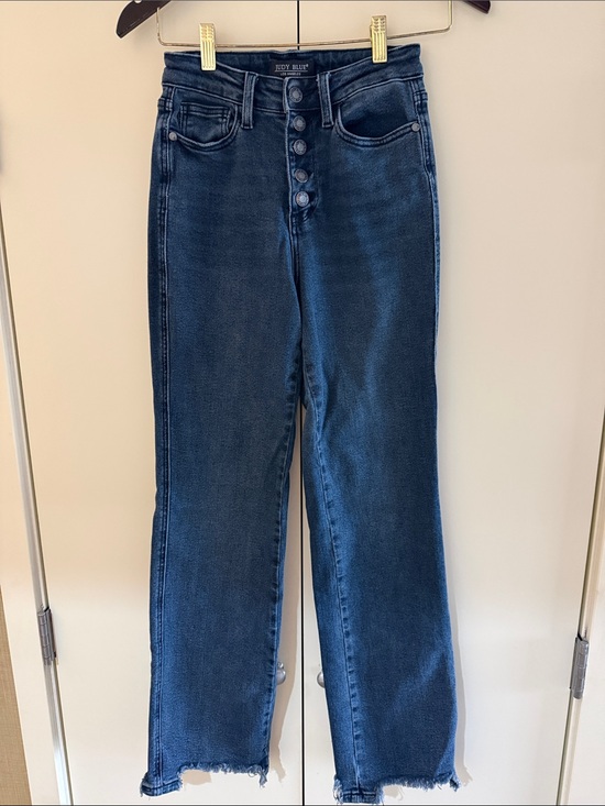 Judy Blue Denim - Judy Blue Kimberly Button Fly Hem Distressed Straight Jeans Dark Wash Size 24